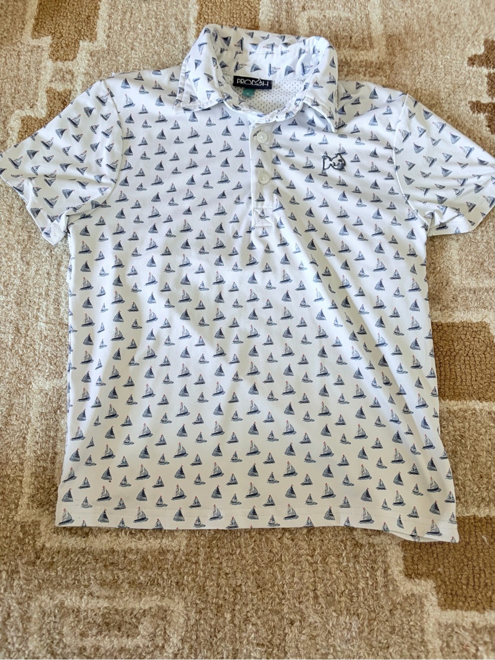 Prodoh White Polo with Navy Sailboat Print